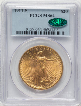 1911-S $20 CAC Blue Label Saint-Gaudens Double Eagle PCGS MS64
