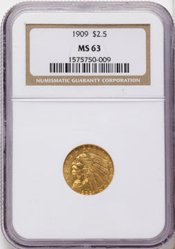1909 $2.50 Indian Quarter Eagle NGC MS63 1909 $2.50 Indian Quarter Eagle NGC MS63