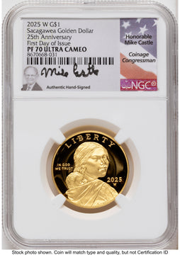2025-W 1/2 oz Proof Gold Sacagawea 25th Anniversary FDI Mike Castle NGC PF70 2025-W 1/2 oz Proof Gold Sacagawea 25th Anniversary FDI Mike Castle NGC PF70