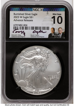 2023-W Burnished Silver Eagle 1 oz AR /David J Ryder Mint Director's Series NGCX MS10 Ed Moy 2023-W Burnished Silver Eagle 1 oz AR /David J Ryder Mint Director's Series NGCX MS10 Ed Moy