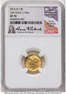 2016-W 10C Mercury Dime 100th Anniversary Gold Centennial Anna Cabral NGC MS70 2016-W 10C Mercury Dime 100th Anniversary Gold Centennial Anna Cabral NGC MS70
