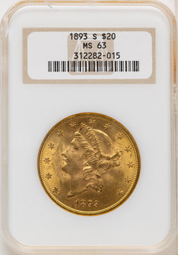 1893-S $20 Liberty Double Eagle NGC MS63 1893-S $20 Liberty Double Eagle NGC MS63