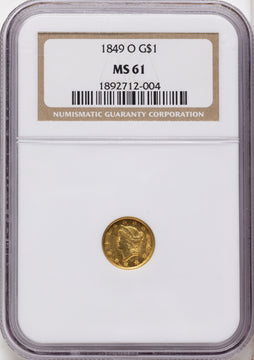 1849-O G$1 Open Wreath Gold Dollar NGC MS61 1849-O G$1 Open Wreath Gold Dollar NGC MS61
