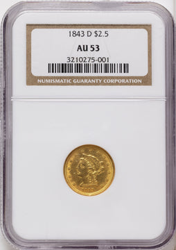 1843-D $2.50 Small D Liberty Quarter Eagle NGC AU53 1843-D $2.50 Small D Liberty Quarter Eagle NGC AU53
