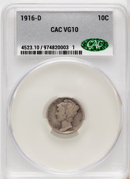1916-D 10C Mercury Dime CACG VG10 1916-D 10C Mercury Dime CACG VG10