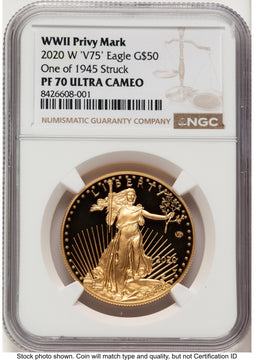 2020-W Proof Gold Eagle V75 Privy One of 1945 Struck 1 oz Brown Label NGC PF70 2020-W Proof Gold Eagle V75 Privy One of 1945 Struck 1 oz Brown Label NGC PF70