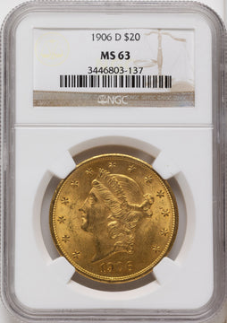1906-D $20 Liberty Double Eagle NGC MS63 1906-D $20 Liberty Double Eagle NGC MS63