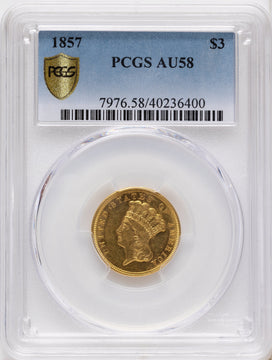 1857 $3 Three Dollar Gold Pieces PCGS AU58 1857 $3 Three Dollar Gold Pieces PCGS AU58
