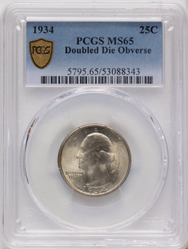 1934 25C Doubled Die Obverse FS-101 Washington Quarter PCGS MS65 1934 25C Doubled Die Obverse FS-101 Washington Quarter PCGS MS65