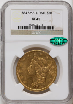 1854 $20 Small Date CAC Liberty Double Eagle NGC XF45 1854 $20 Small Date CAC Liberty Double Eagle NGC XF45