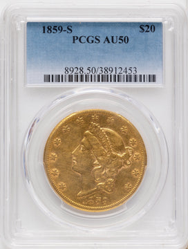 1859-S $20 Liberty Double Eagle PCGS AU50 1859-S $20 Liberty Double Eagle PCGS AU50