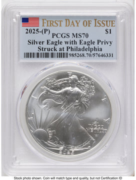 2025-(P) Silver Eagle (Privy Mark) FDI Flag PCGS MS70 2025-(P) Silver Eagle (Privy Mark) FDI Flag PCGS MS70