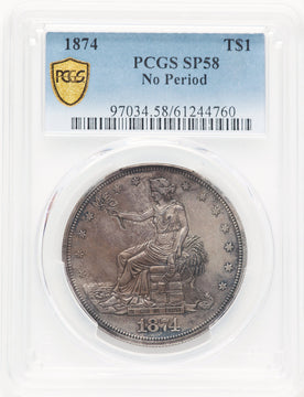 1874 T$1 No Period Blue Gradient Trade Dollar PCGS AU58