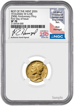 2026-W 1916 Mercury Gold Coin FDI NGC SP70 Harrigal Label