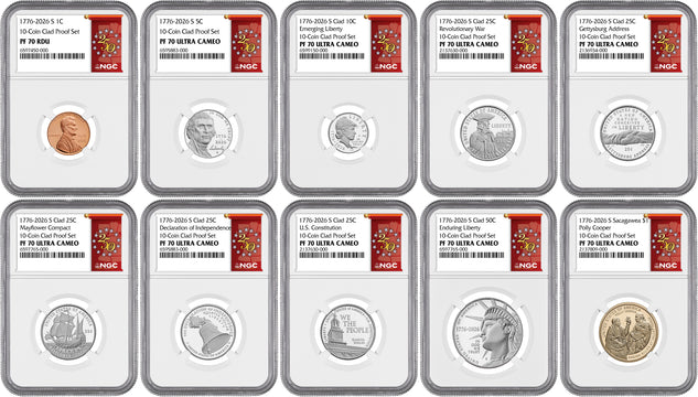2026 10 Coin Semiquincentennial Dual Dated Clad Proof Set NGC PF70 250 Red Book Label 2026 10 Coin Semiquincentennial Dual Dated Clad Proof Set NGC PF70 250 Red Book Label