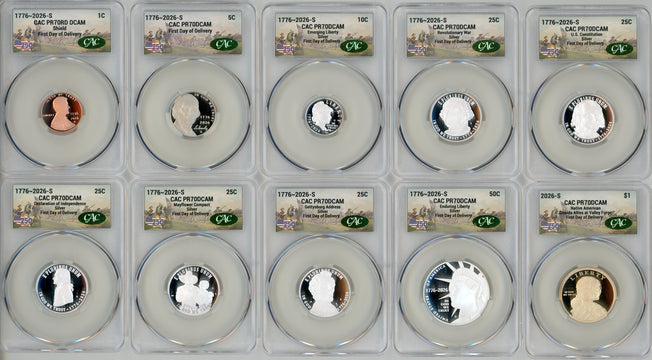 2026-S Semiquincentennial US Mint Proof Set CAC PR70 First Day of Delivery Battlefield Label