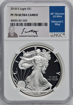 2018-S American Silver Eagle NGC PF70 Ed Moy Hand Signed