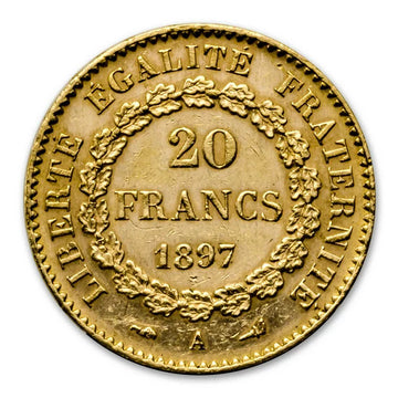 French Gold 20 Franc Lucky Angel 1871-1898 XF-AU