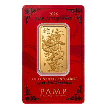 2025 1 oz Gold Bar PAMP Lunar Legends White Snake w Assay