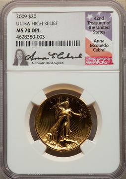 2009 $20 One-Ounce Gold Ultra High Relief Twenty Dollar Deep Mirror Prooflike NGC MS70