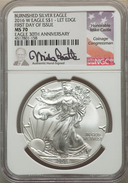 2016-W S$1 Silver Eagle Burnished Lettered Edge 30th Anniversary First Day of Issue SP NGC MS70