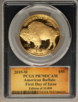 2019-W $50 One-Ounce American Buffalo .9999 Fine Gold First Day of Issue Cleveland Scroll PCGS PR70