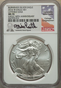 2016-W Silver Eagle Burnished Lettered Edge 30th Anniversary NGC MS70 Mike Castle