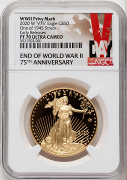 2020-W Proof Gold Eagle V75 Privy One of 1945 Struck 1 oz ER V-Day Label NGC PF70 2020-W Proof Gold Eagle V75 Privy One of 1945 Struck 1 oz ER V-Day Label NGC PF70