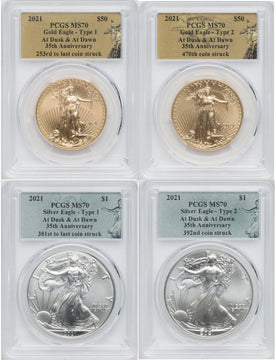 2021 4 Coin Set Gold Silver Eagles T1 T2 Dusk & Dawn 35th Anniversary PCGS MS70