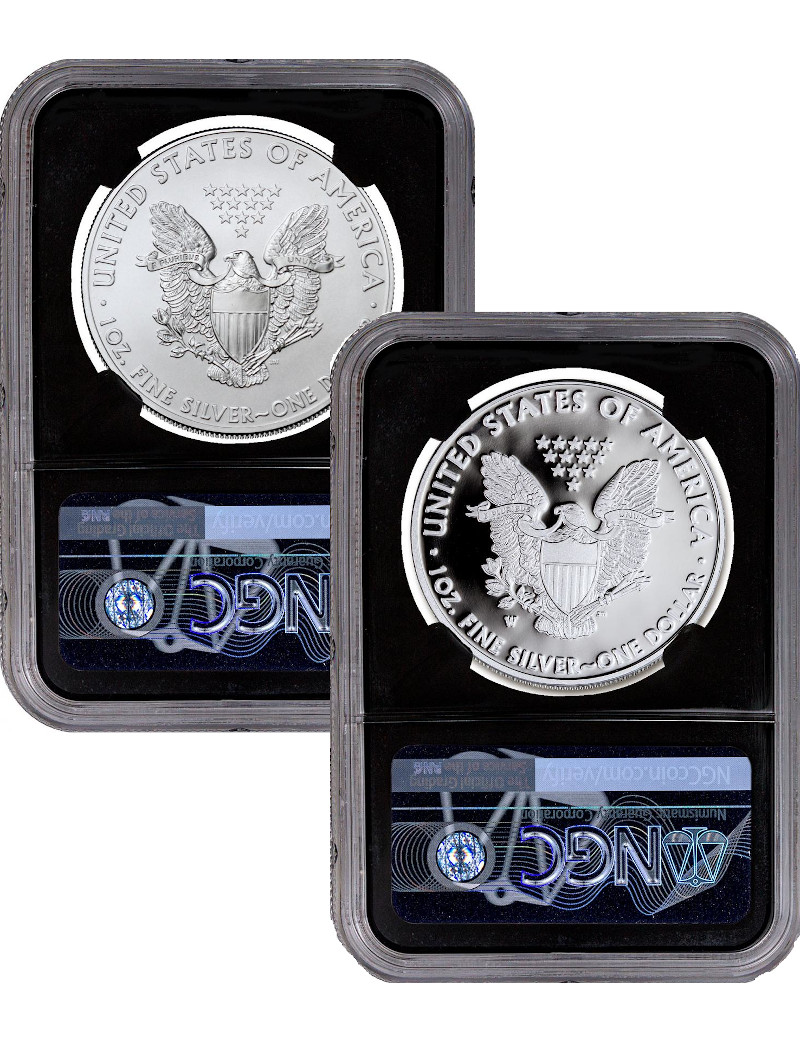 2021-W Type 1 Silver Eagles 2 Coin set GEM & GEM PROOF BC NGC David Motl Signed