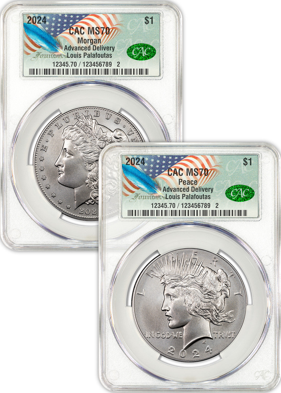 Limited-Time Offer: 2024 Morgan Peace Dollar Set Advanced Release CAC with Patriotic Founders Label and Louis Palafoutas Signature!
