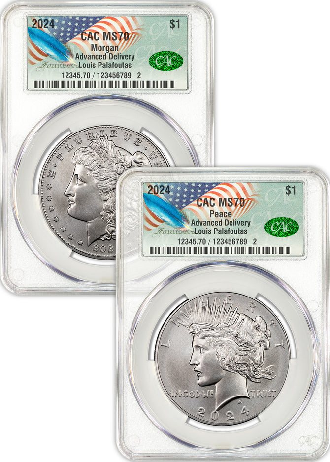 Limited-Time Offer: 2024 Morgan Peace Dollar Set Advanced Release CAC with Patriotic Founders Label and Louis Palafoutas Signature!