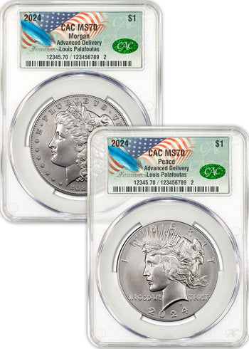 Limited-Time Offer: 2024 Morgan Peace Dollar Set Advanced Release CAC with Patriotic Founders Label and Louis Palafoutas Signature!