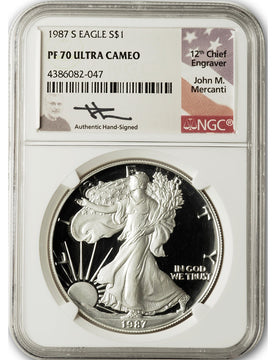 1987-S American Silver Eagle NGC PF70 UCam  Mercanti Signed