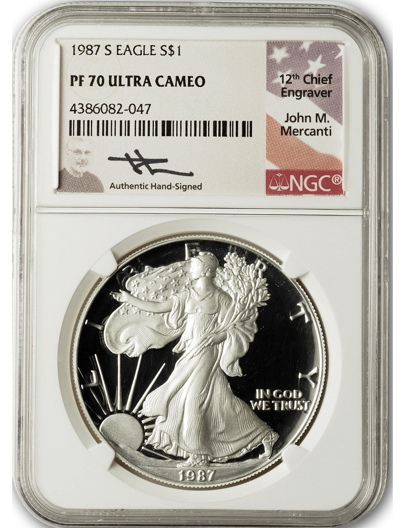 1987-S American Silver Eagle NGC PF70 UCam  Mercanti Signed
