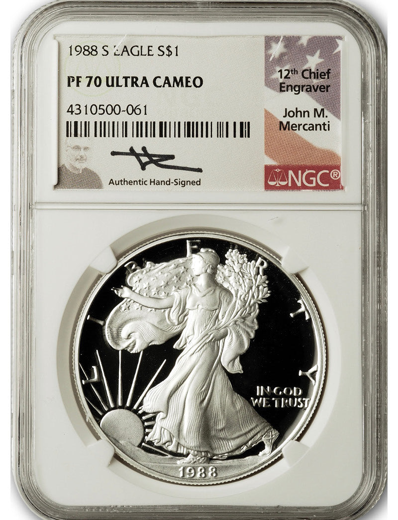 1988-S American Silver Eagle NGC PF70 UCAM Mercanti Signed