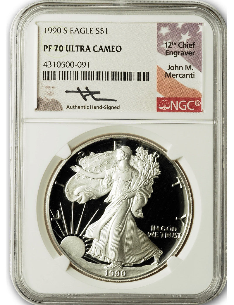 1990-S American Silver Eagle NGC PF70 UCAM John Mercanti