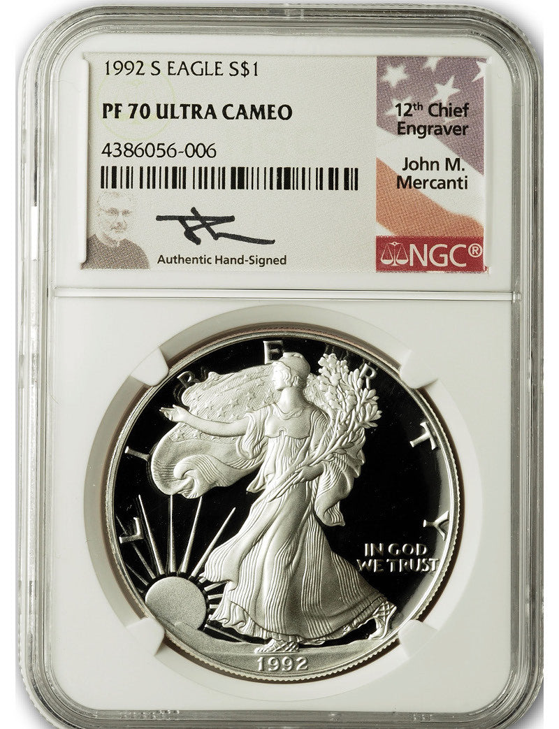 1992-S American Silver Eagle NGC PF70 UCAM Mercanti Signed