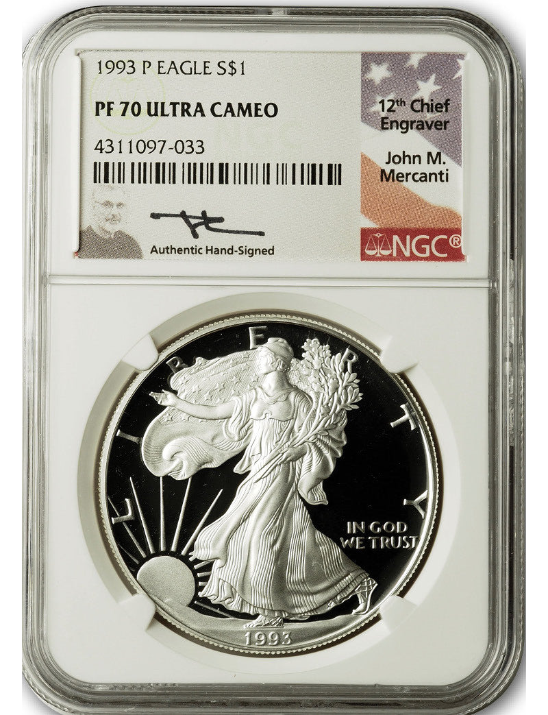 1993-P American Silver Eagle NGC PF70 UCAM Mercanti Signed