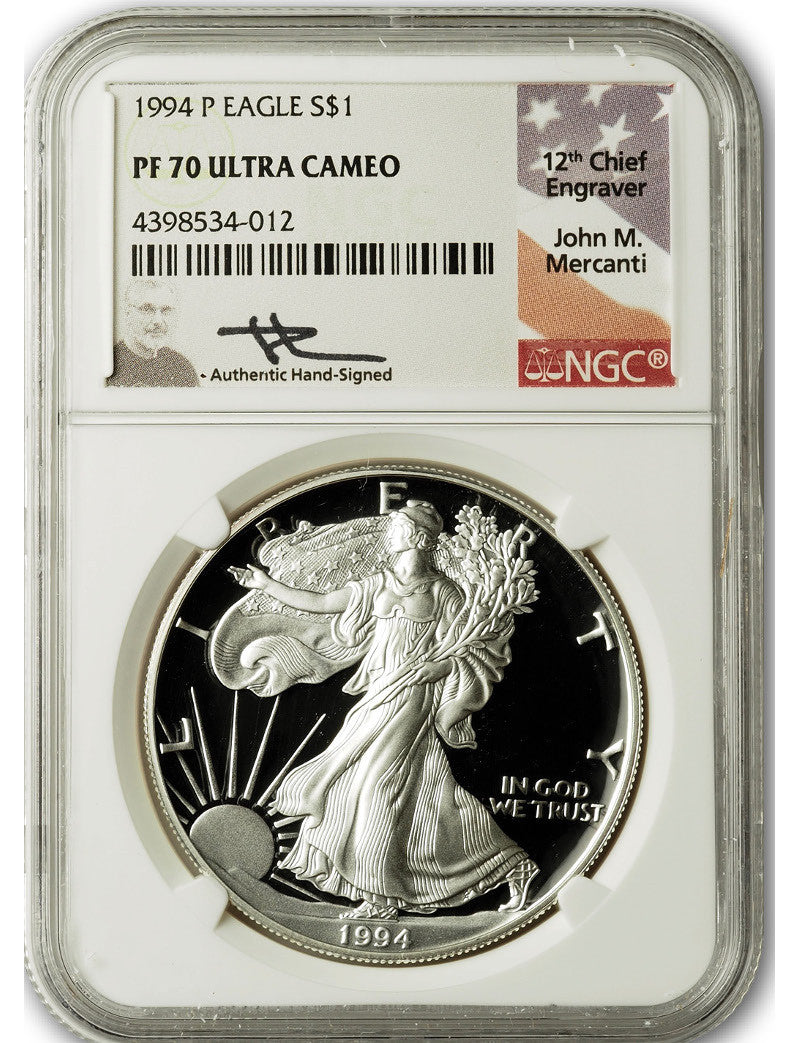 1994-P American Silver Eagle NGC PF70 UCAM Mercanti Signed