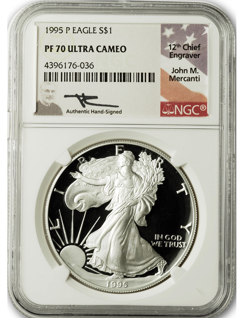 1995-P Silver Eagle NGC PF70 Ultra Cameo John Mercanti Signed