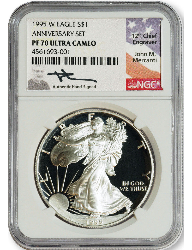 2001-2021 W $1 (1995 W) Silver Eagle Set NGC PF70 Ultra Cameo Mercanti Signed