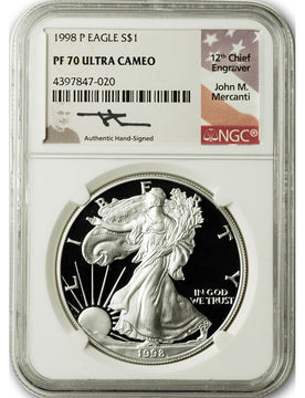 1998-P American Silver Eagle NGC PF70 UCAM Mercanti Signed