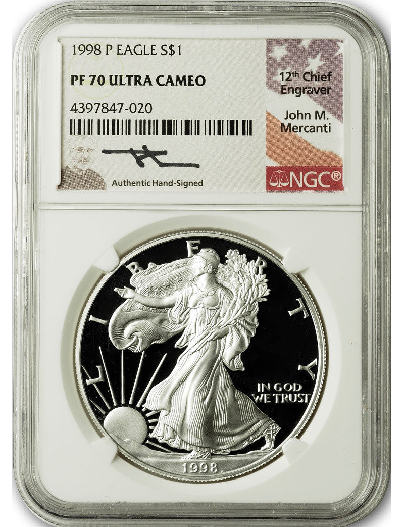 1998-P American Silver Eagle NGC PF70 UCAM Mercanti Signed