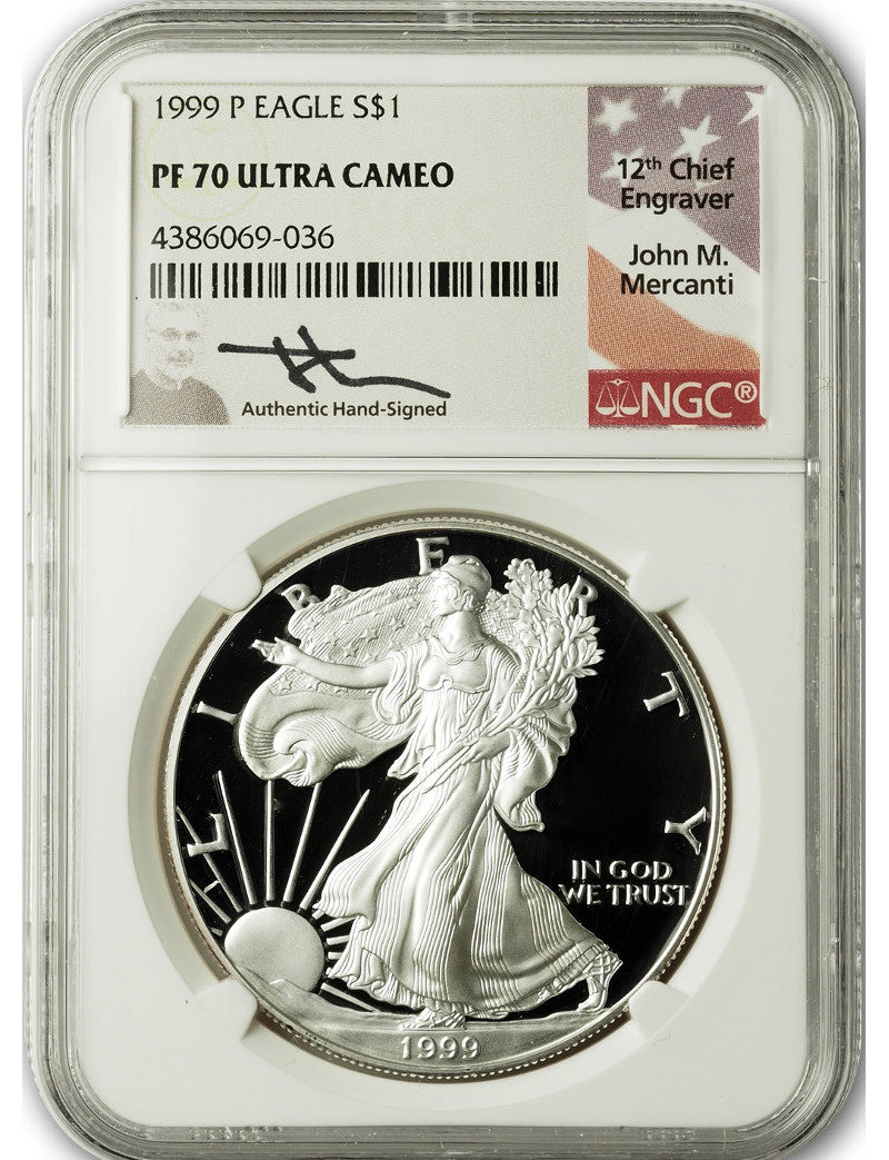 1999-P American Silver Eagle NGC PF70 UCAM Mercanti Signed