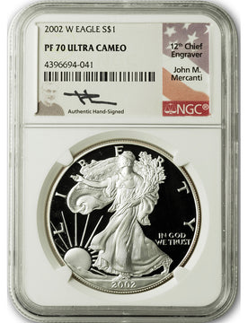 2002-W American Silver Eagle NGC PF70 UCAM Mercanti Signed