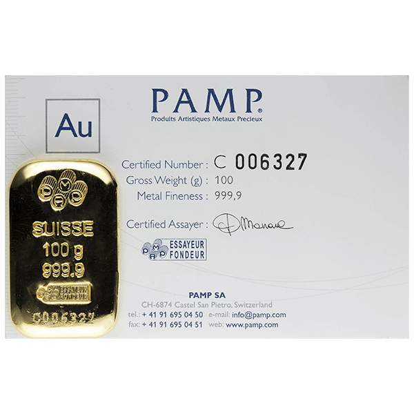 100 Gram Gold Pamp Suisse Bar w/Assay