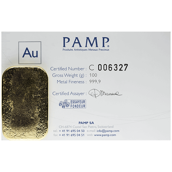 100 Gram Gold Pamp Suisse Bar w/Assay