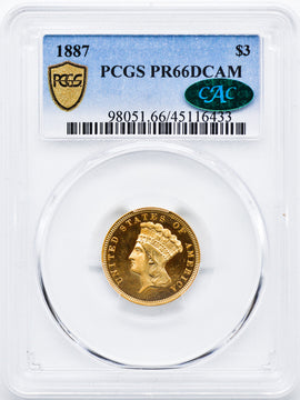 1887 $3 Three Dollar Gold Coin PCGS PR66DCAM