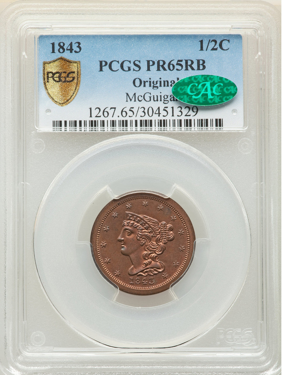 1843 Braided Hair Half Cent PCGS PR65RB